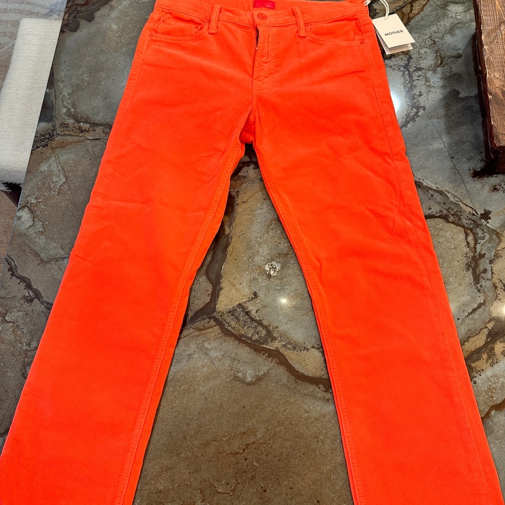 MOTHER The mid rise ankle rider in Hopscotch a Vibrant Orange Corduroy Pants